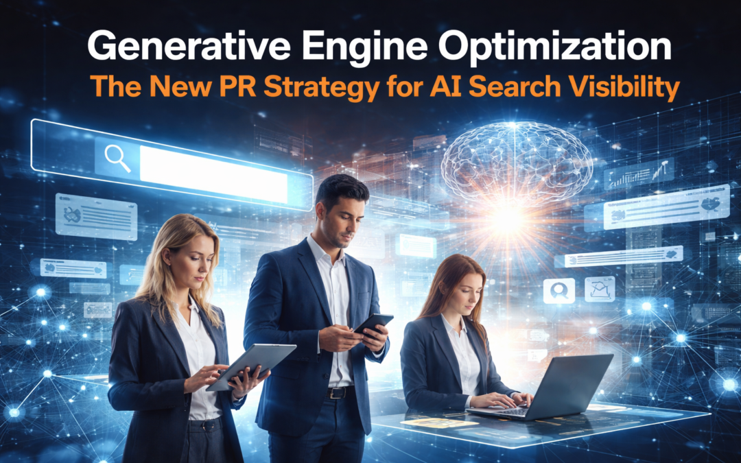Futuristic digital illustration showing professionals using AI technology and search interfaces, representing generative engine optimization and AI-driven PR strategy.